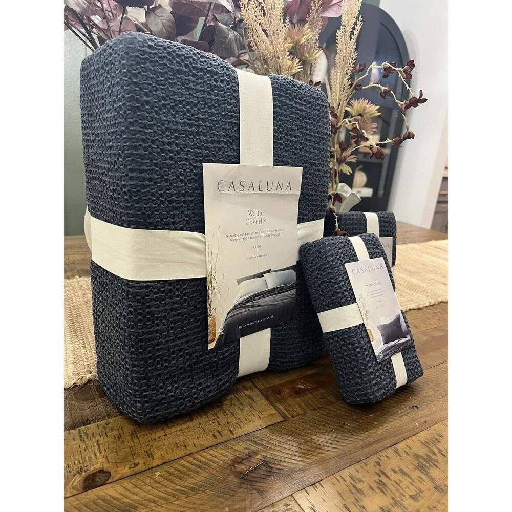 SET! King Textured Waffle Coverlet & 2 King Shams Dark Mineral Blue Casaluna